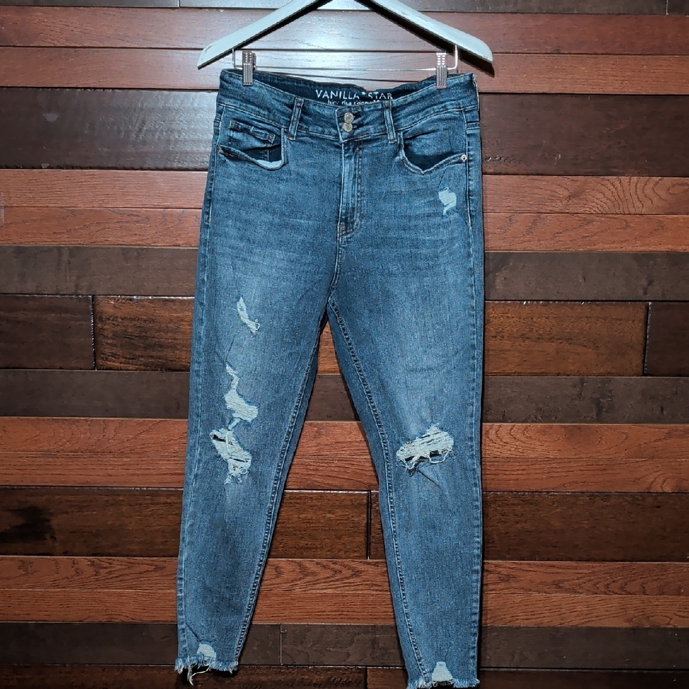 Vanilla Star Women's High Rise Skinny Distressed Blue Jeans